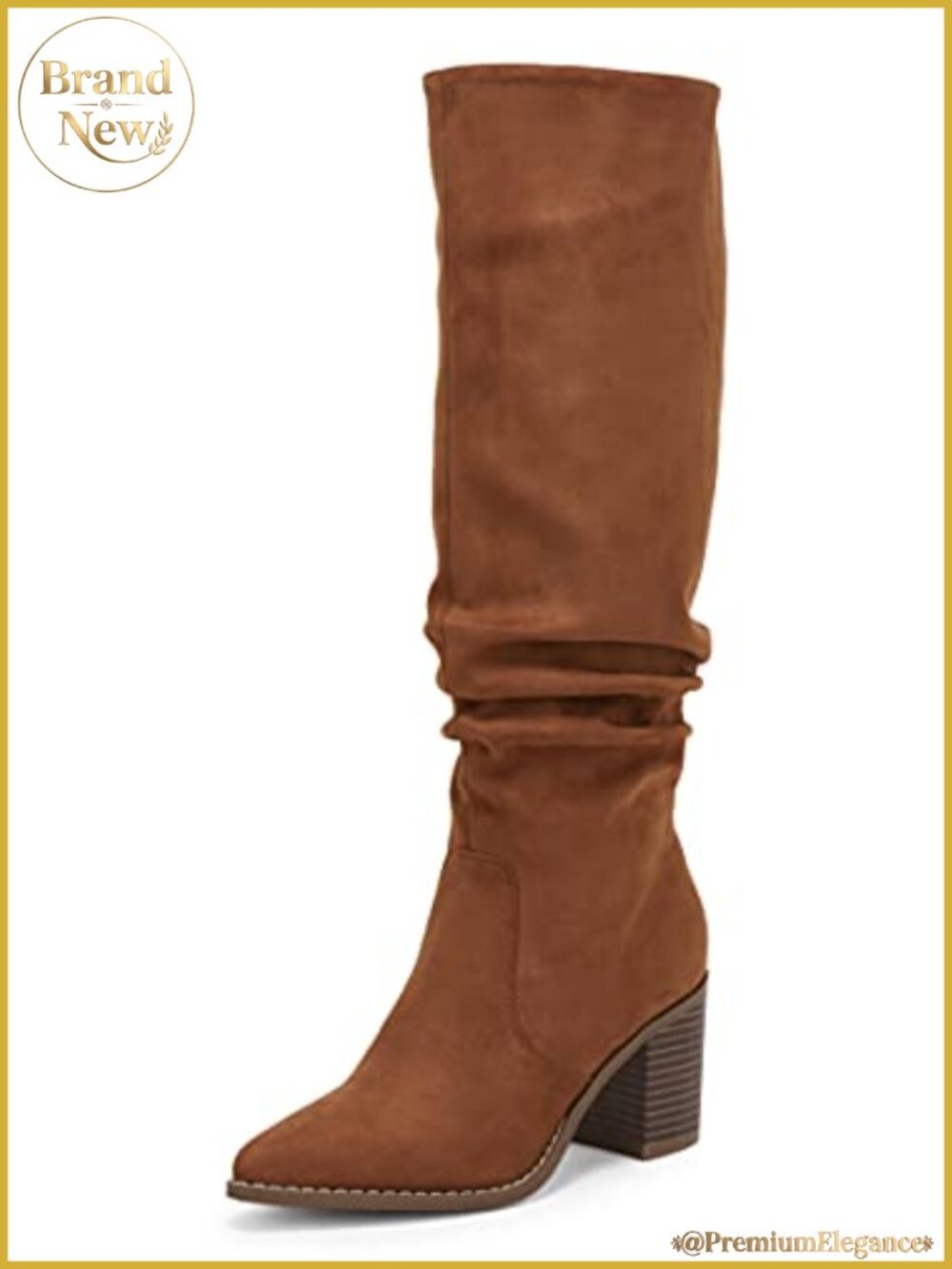 Faux Suede Knee High Boots Pointed Toe Chunky Heel Side Zipper Wide Calf